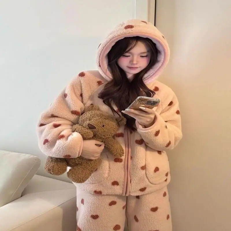 

Women's Pajama Set Comfortable Sleepwear Fluffy Cute Coral Fleece Winter Pajamas Women Hooded Warm Homewear Outfit New Style