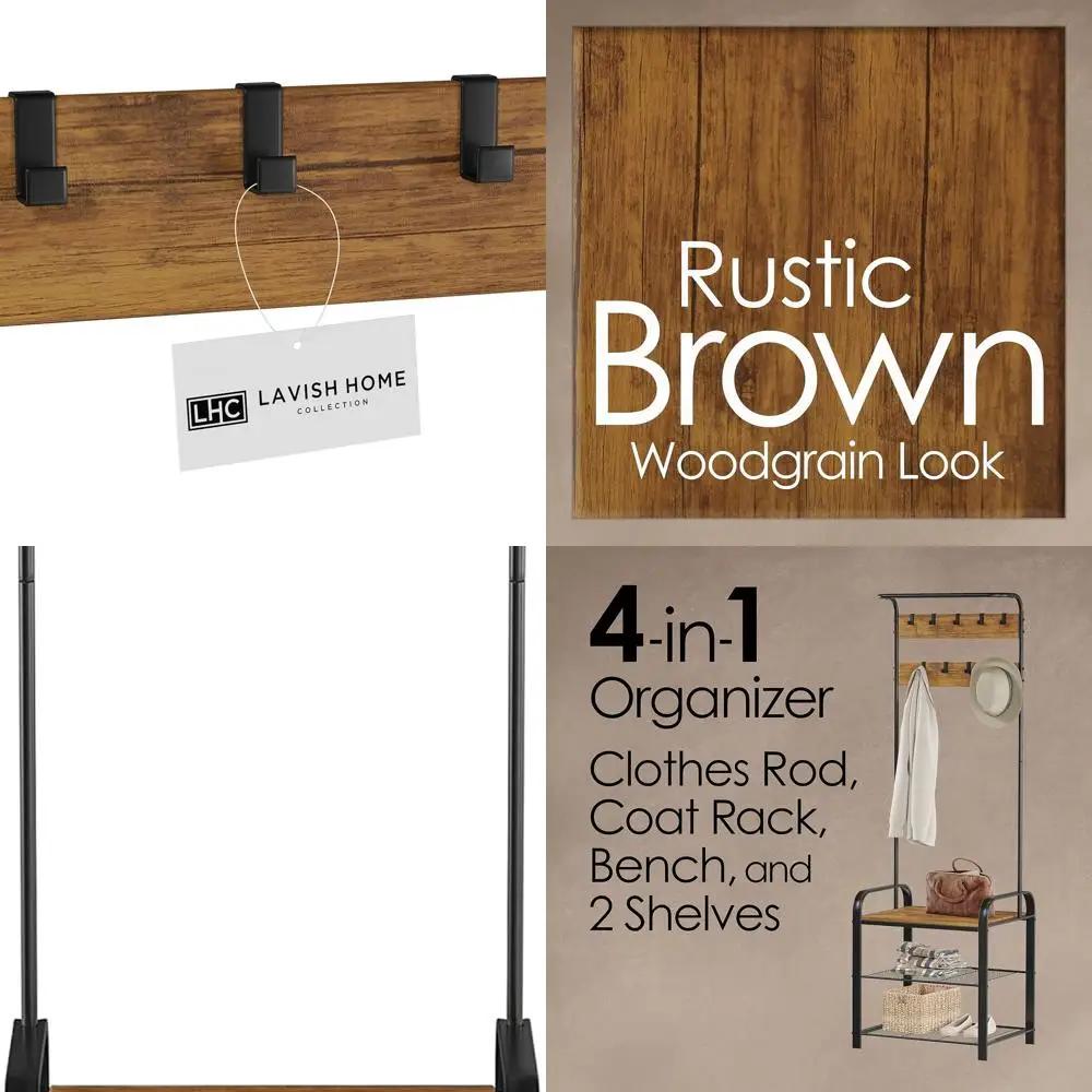 

Металлическая вешалка-скамья в стиле рустик с крючками, местом для хранения обуви и функцией прихожей