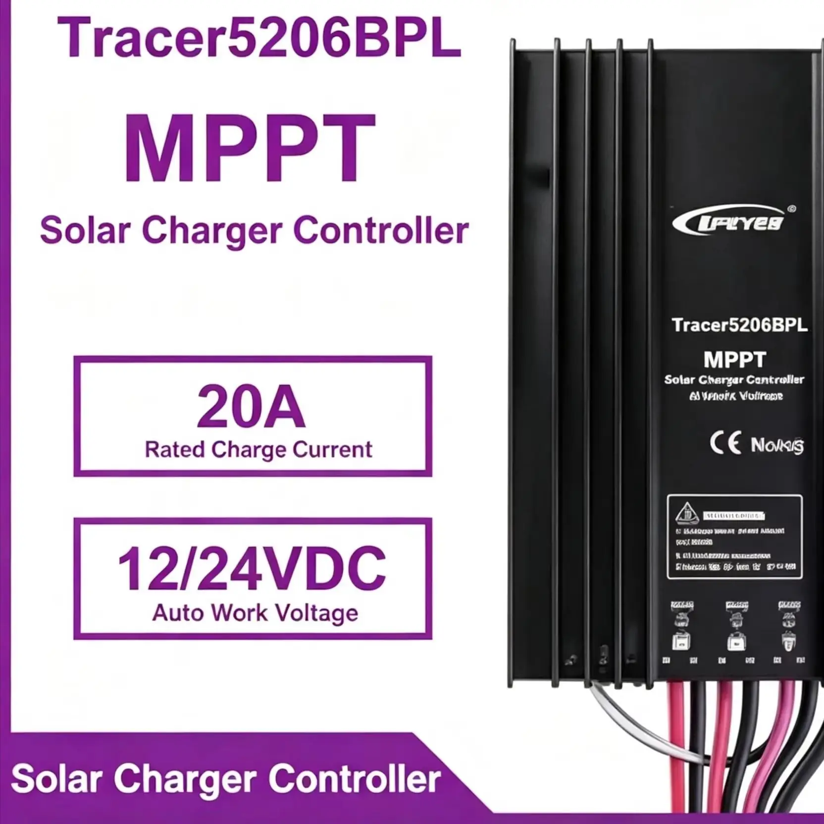 Tracer5206BPL 20A MPPT Solar Charge Controller with LCD Display Auto 12V/24V PV Input up to 60V Multiple Load Control
