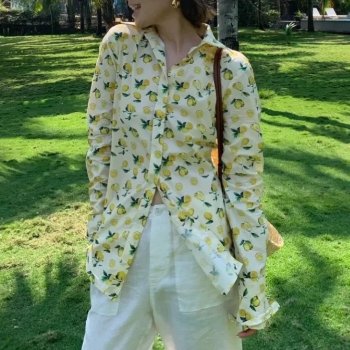

Withered Summer Style Simple Lemon Print Lapel Long Sleeved Shirt For Women Clothes Shirts & Blouses Women's Clothes Shirts Tops