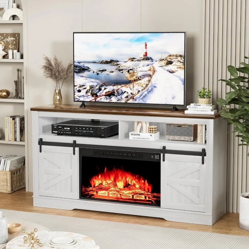 

Fireplace TV Stand for TVs up to 65",with 26” Fireplace Console Table with Sliding Barn Door and Adjustable Storage Shelves