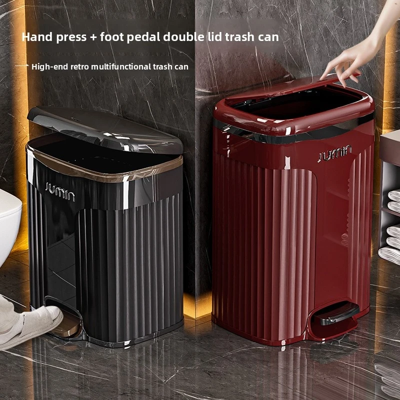 

Trash can with a high-end, light-luxury feel for home use in the bathroom, with a lid, large capacity, foot-operated storage bin