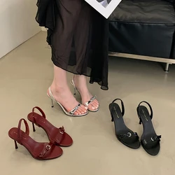 Silver Heels Sandals Ladies Summer Shoes 8cm Stiletto Heeled Sandals Sexy Belt Buckle Burgundy Office Shoes Female