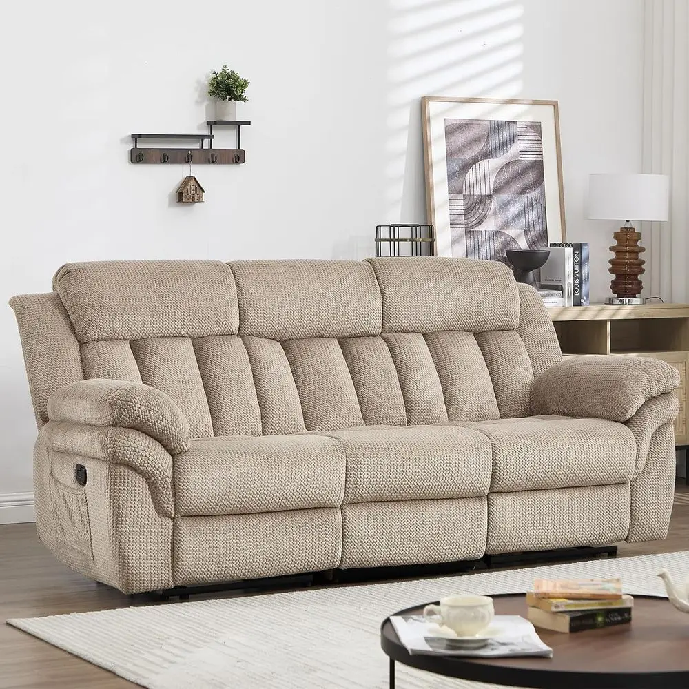 

3-Seat Manual Reclining Sofa with Oversized Armrests, Light Brown for Living Room or Bedroom