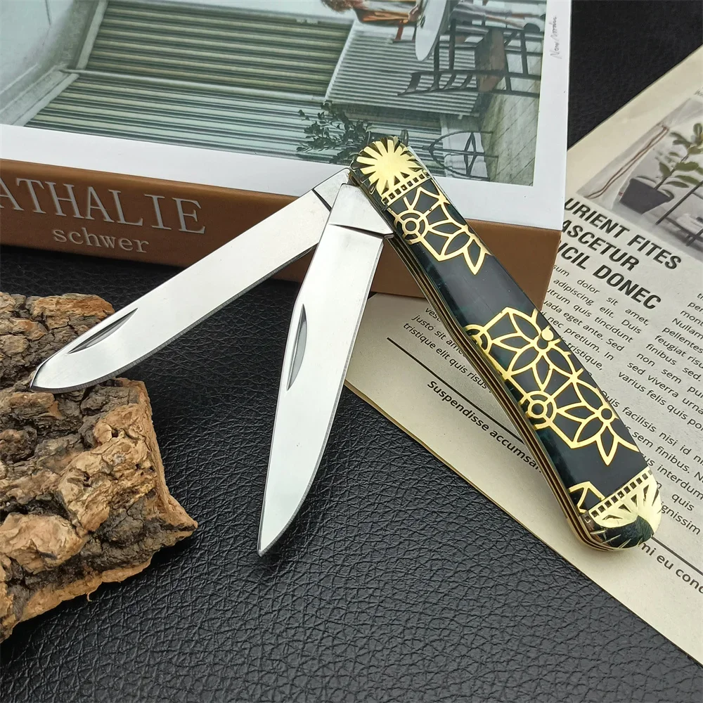 Folding Pocket Knife 440C Two Blades Brass+Color Resin Handle Outdoor Camping Hiking Knife EDC Survival Hunting Cutting Tool