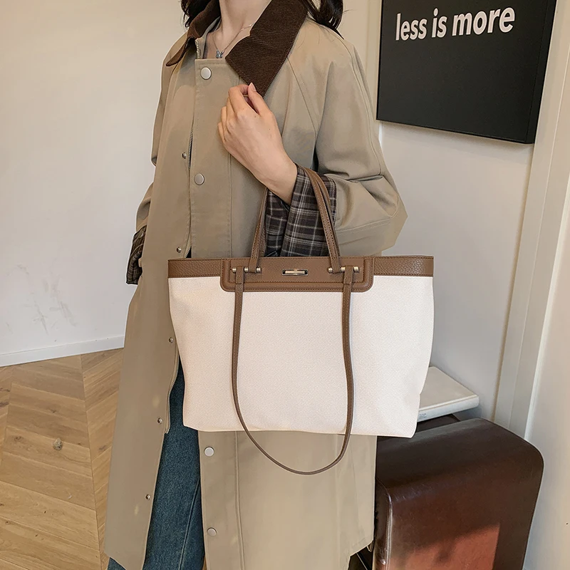Women Canvas Tote Bag Solid Color Shoulder Bag Top Handle Work Bag Satchel Bag for Travel Shopping