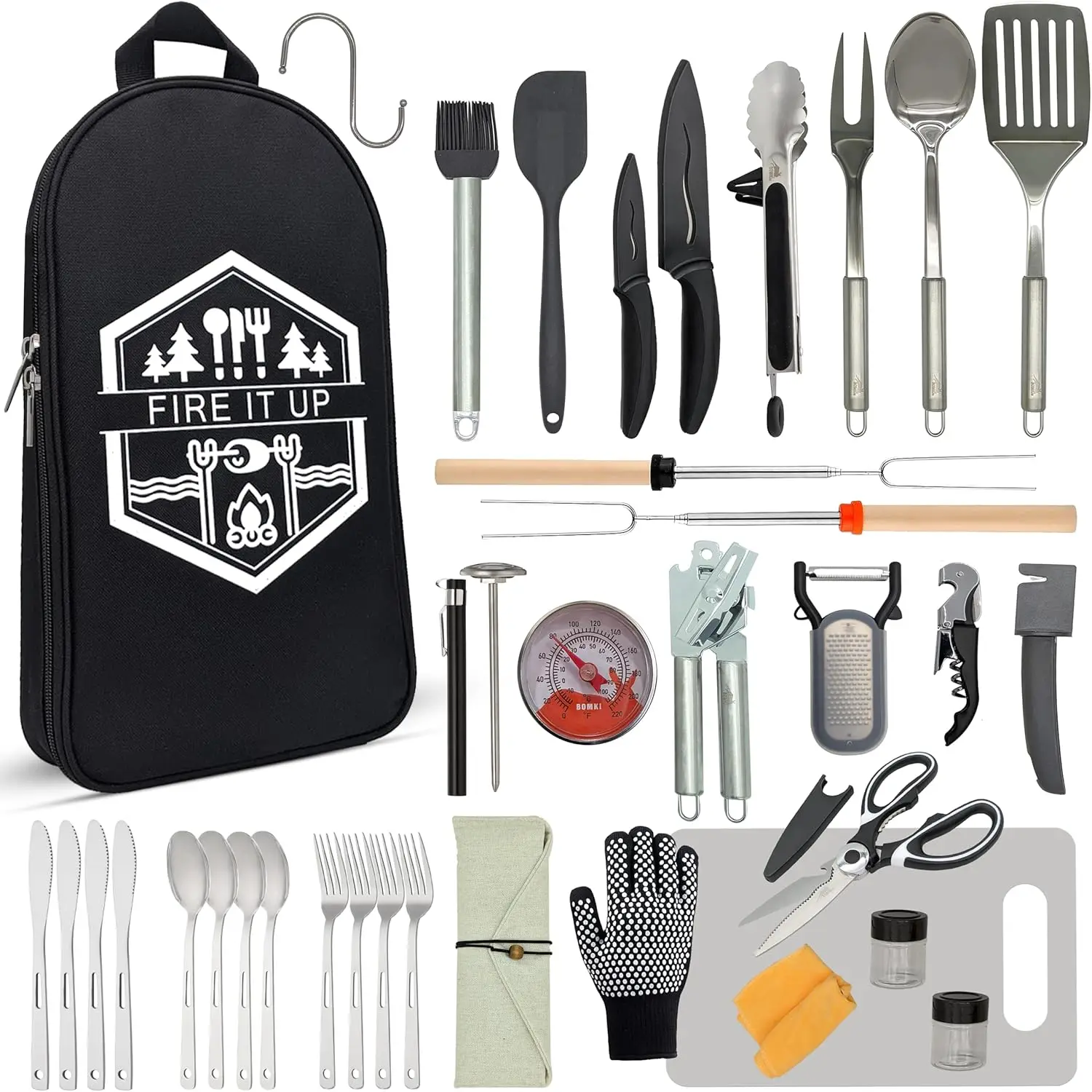 

35-Piece Stainless Steel Camping Utensil Set for Outdoor Cooking, BBQ & Glamping Essentials