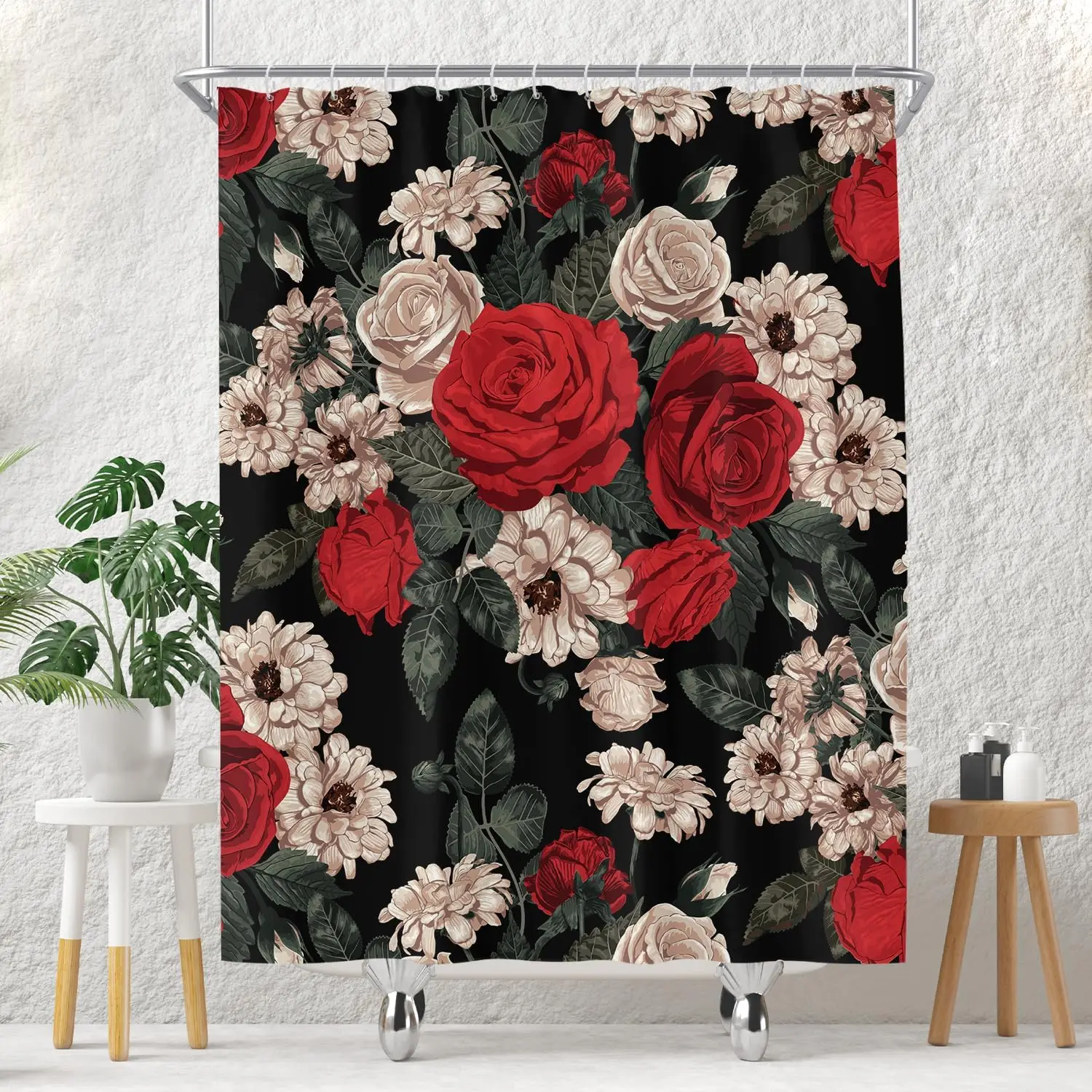 

Red and Beige Roses Pattern Waterproof Shower Curtain 180x180cm - Romantic Floral Print Bath Curtain for Home Decor