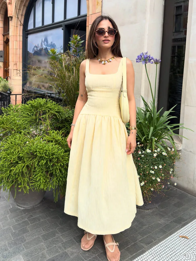 HH Women's Fashion Textured Backless Square Neck Slim Midi Sleeveless Dress Female Sexy Elegant High Waist Long Sling Dress