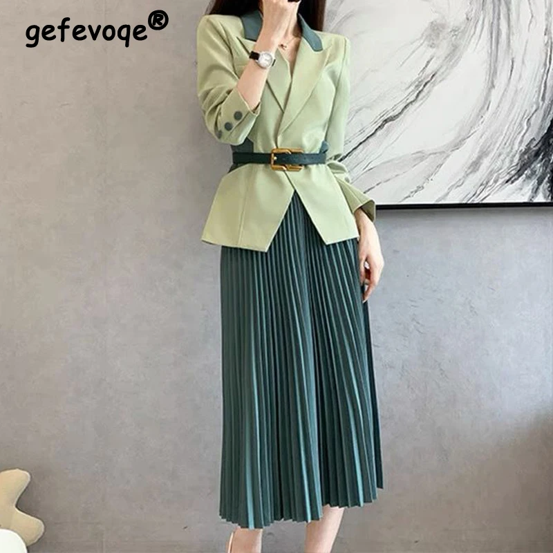 Ensemble Deux Pièces pour Femme, Jupe Midi Plissée, Élégante, à la Mode, avec Ceinture, Blazer Décontracté, pour Bureau, Collection Automne Hiver