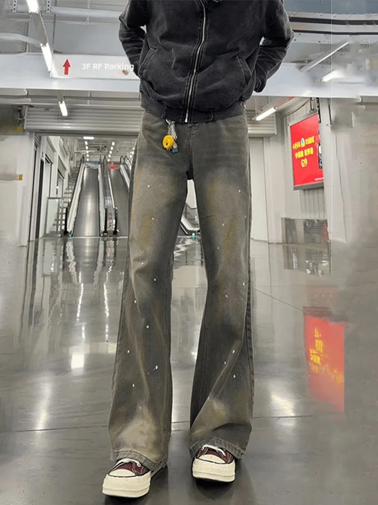 

Men's ey Waed Spray Ink Denim Jeans High Waist Lengthening Legs American Straight Knife Flared Pants Spring Season