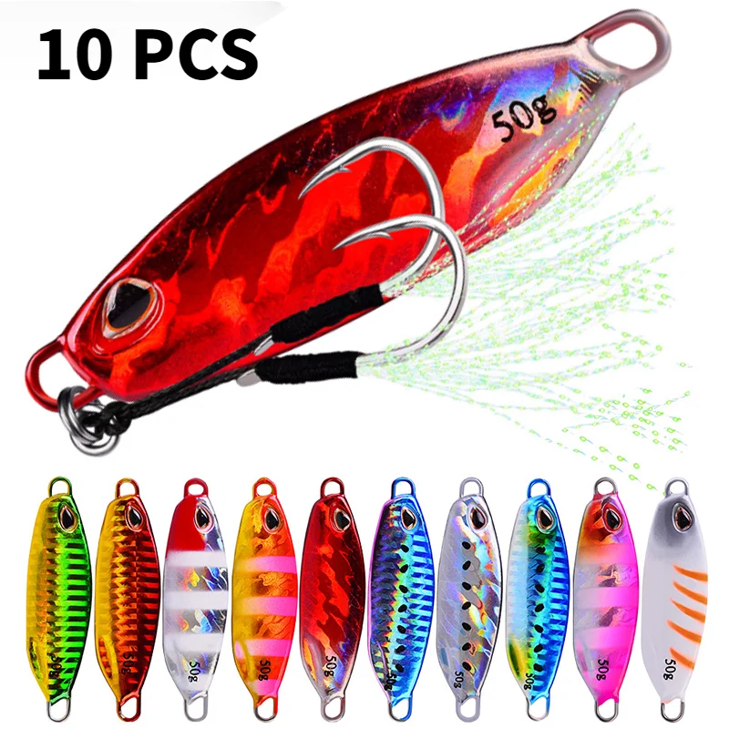 10 Pcs/set Metal Jig Spoon Lure Artificial Bait Shore Slow Jigging Bass Fishing Tackle 10g 15g 20g 30g 40g 50g