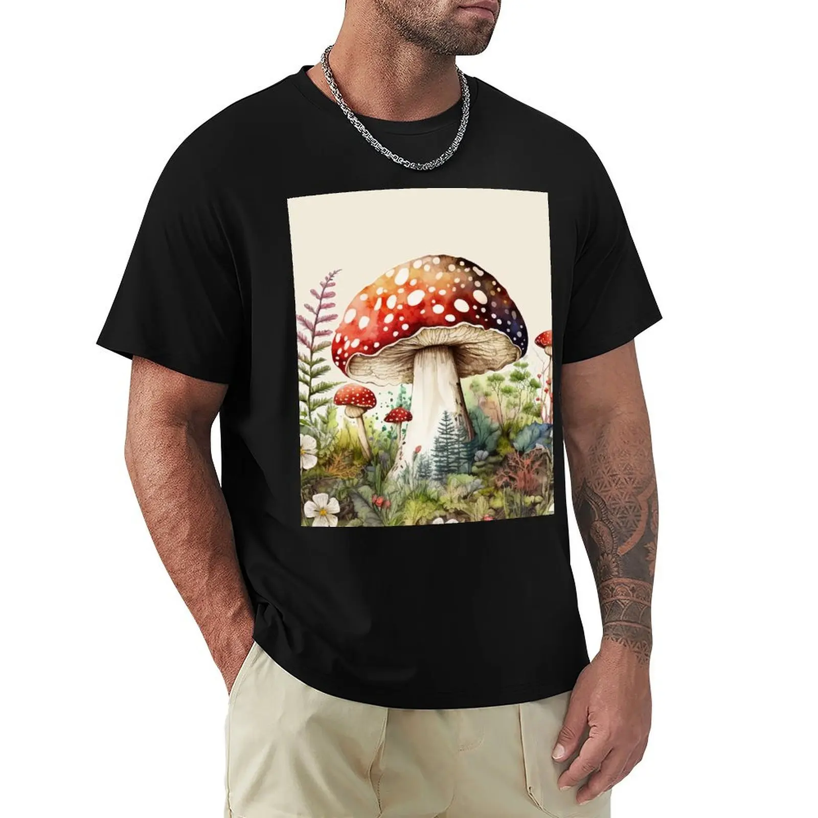 

Watercolor Amanita Muscaria Red Mushroom with Wildflowers T-Shirt luxury t-shirt plain mens funny t shirts