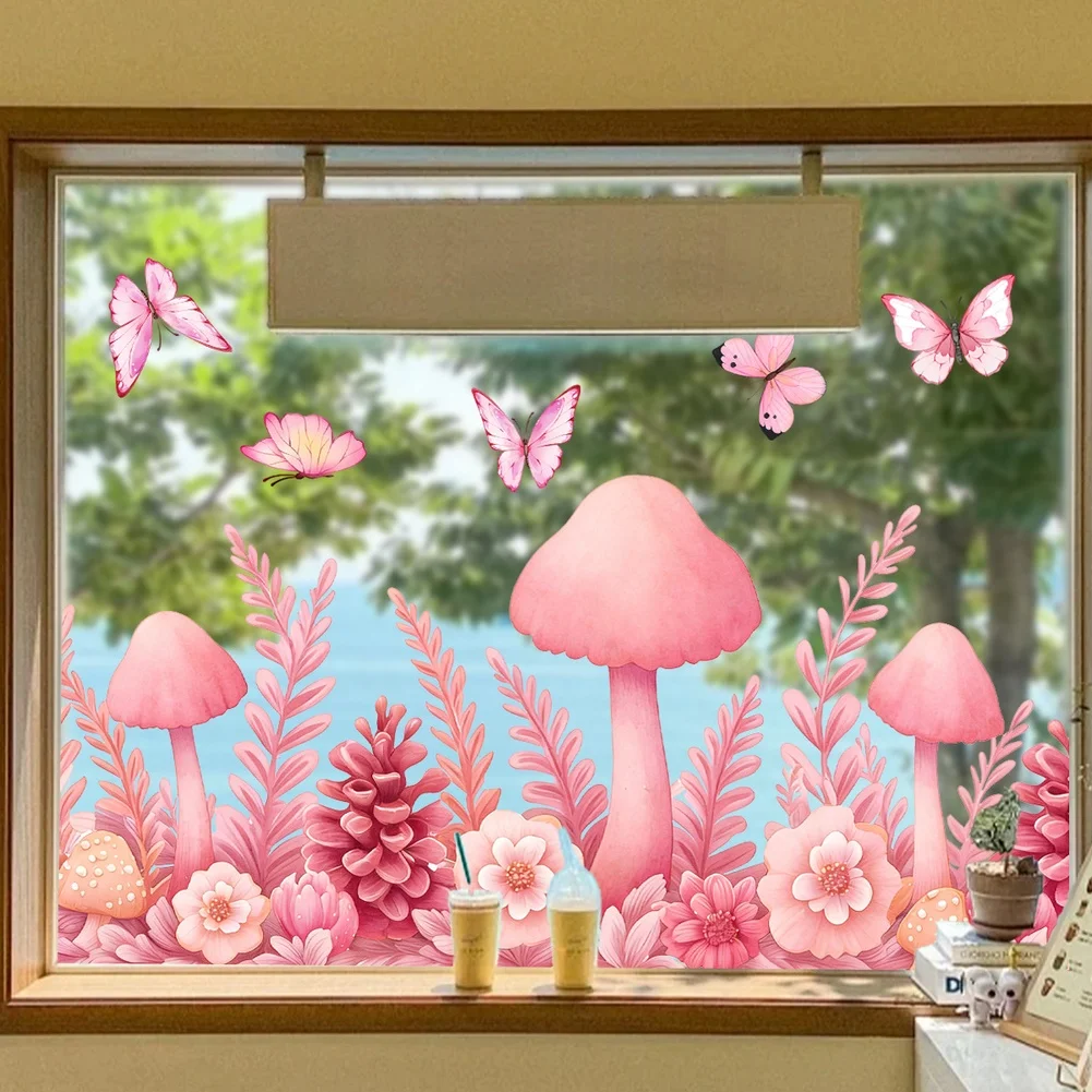 Floral Mushroom Themed Static Cling Decals for Windows and For Glass Doors Compatible with Indoor Home Decor Applications