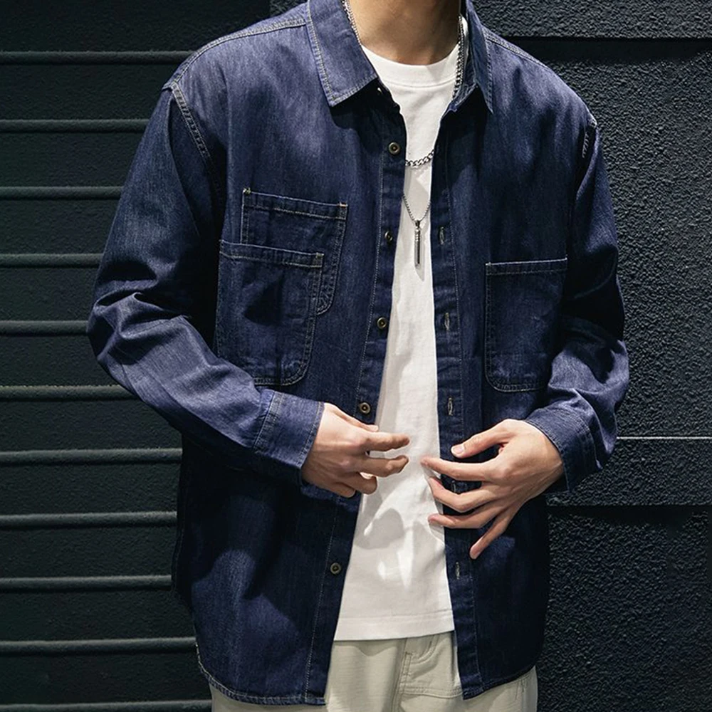 Mens Shirt Washed Multiple Pockets Workwear Long Sleeved Shirt Autumn Casual Japanese Harajuku Daily Style Loose Oversized Top