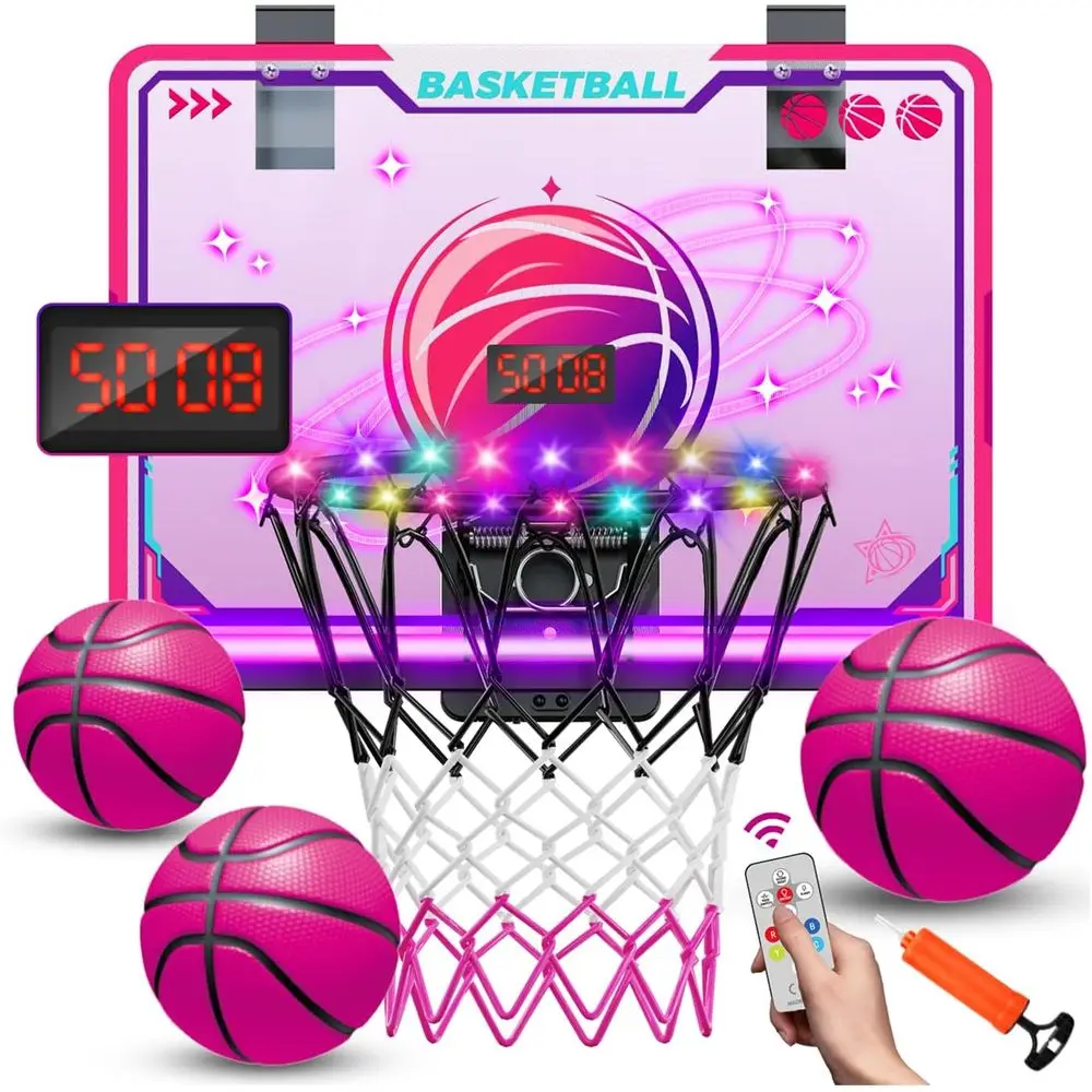 

Indoor LED Basketball Hoop with 7 Color Lights, Glowing Rim, Scoreboard, and Remote Control for Kids Ages 5-12