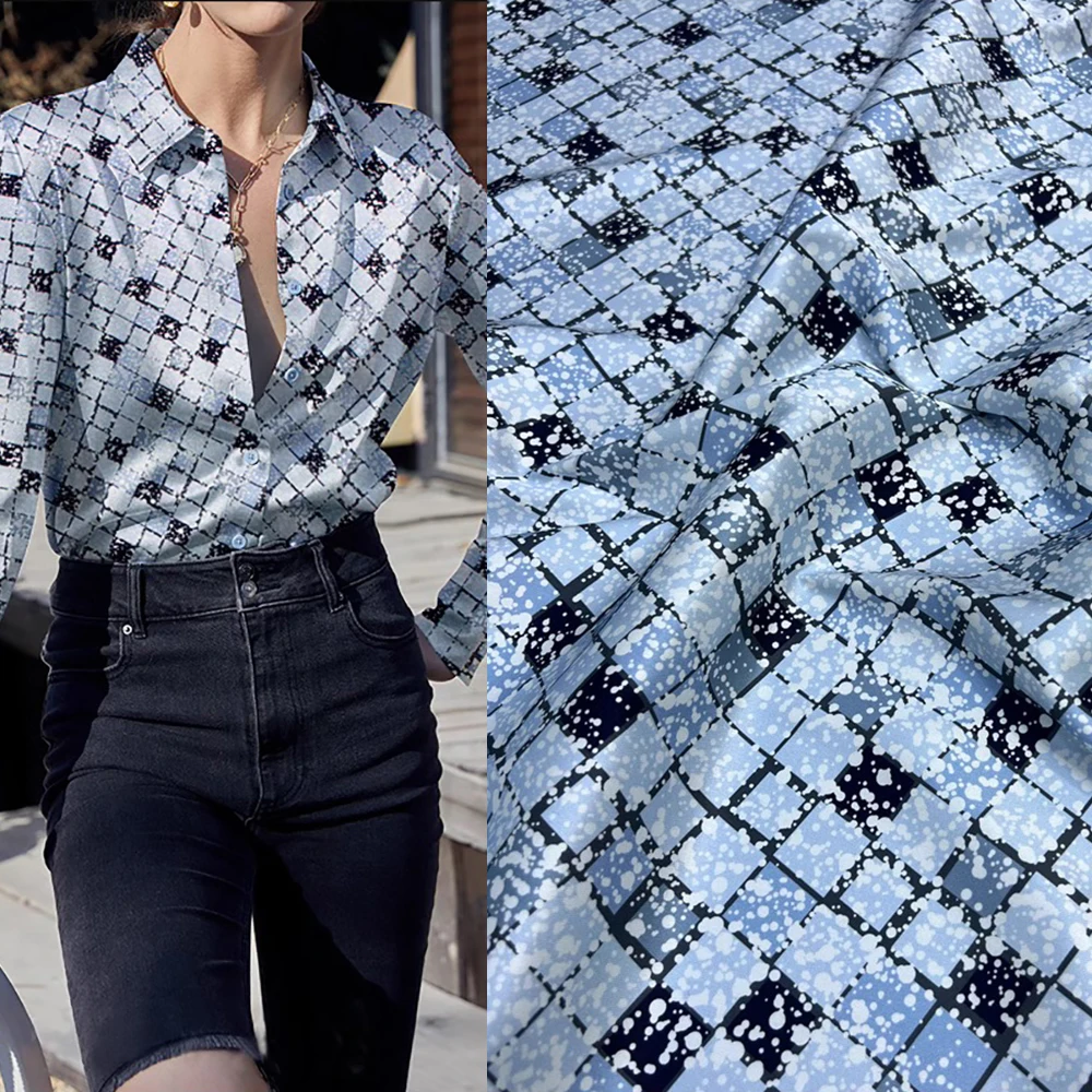 Pure Mulberry Silk Twill 20 momme Width 140cm High Quality Breathable Anti-allergy Natural Soie Material Blue Grid Pattern