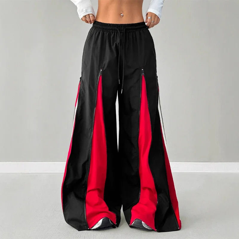 Women's Pants and Trousers Black Wide Leg Pants Red Contrast Stripe Zipper Slit Panel Loose Fit Y2K Streetwear