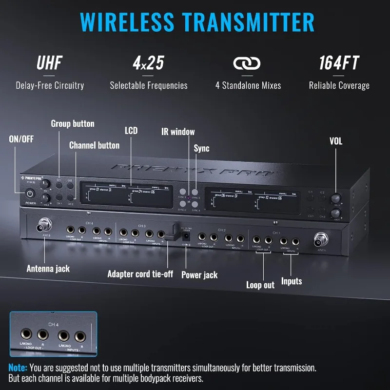 Wireless in Ear Monitor System, Quad-Channel Wireless IEM System, Metal IEM w/ 4 Bodypacks, 4x25 UHF Frequencies, Rac