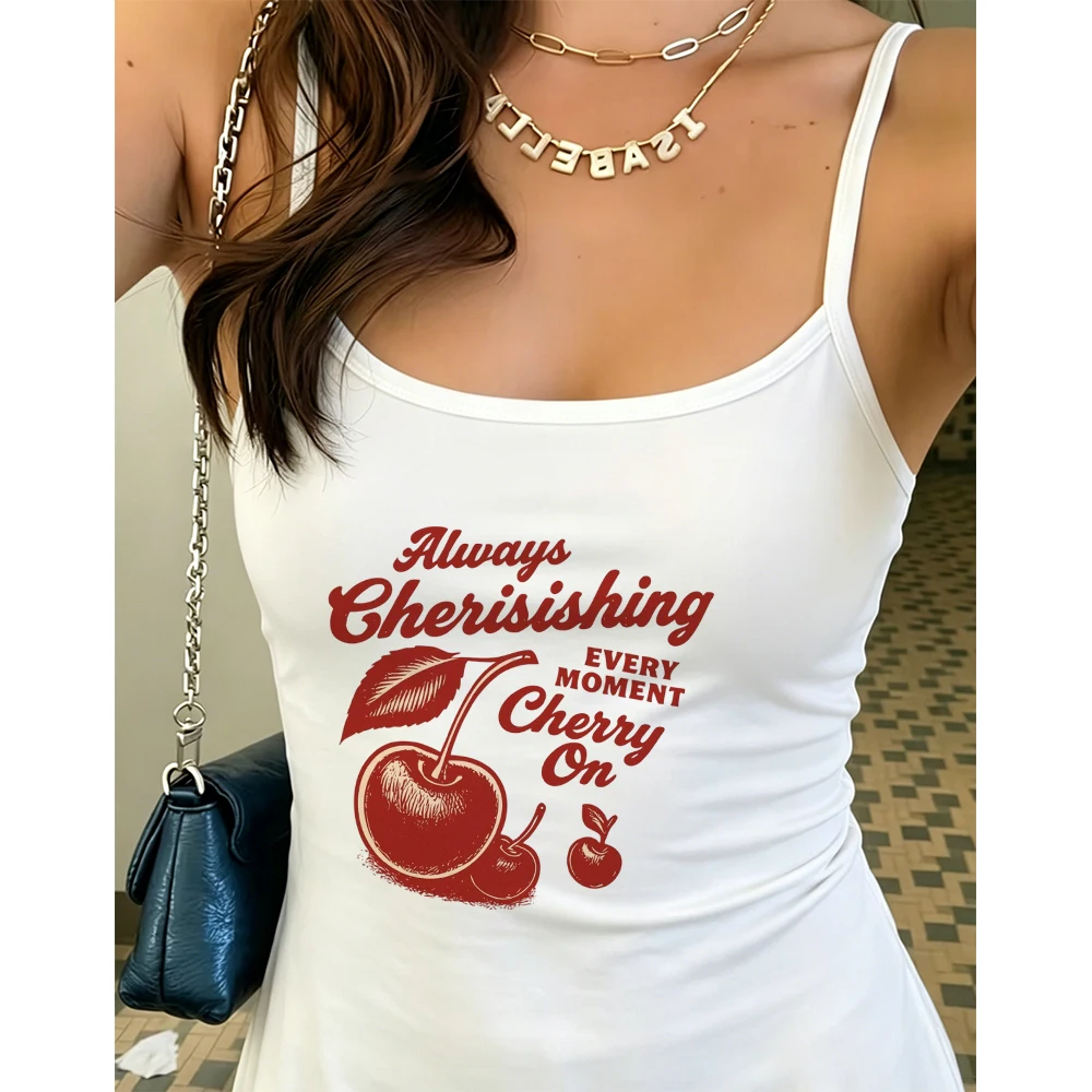 Women Funny Cherry Pattern Camisole Always Cherishing Text Print Tank Top Summer Y2K Kawaii Sleeveless Vest Daily Wear