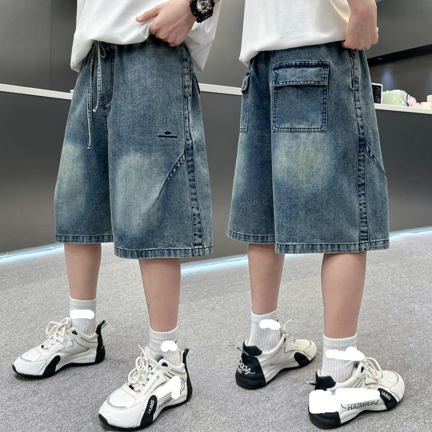 High Quality Teen Boy Loose Straight Denim Shorts with Drawstring for Children Casual Solid Knee Length Jeans Kids Luxury Shorts