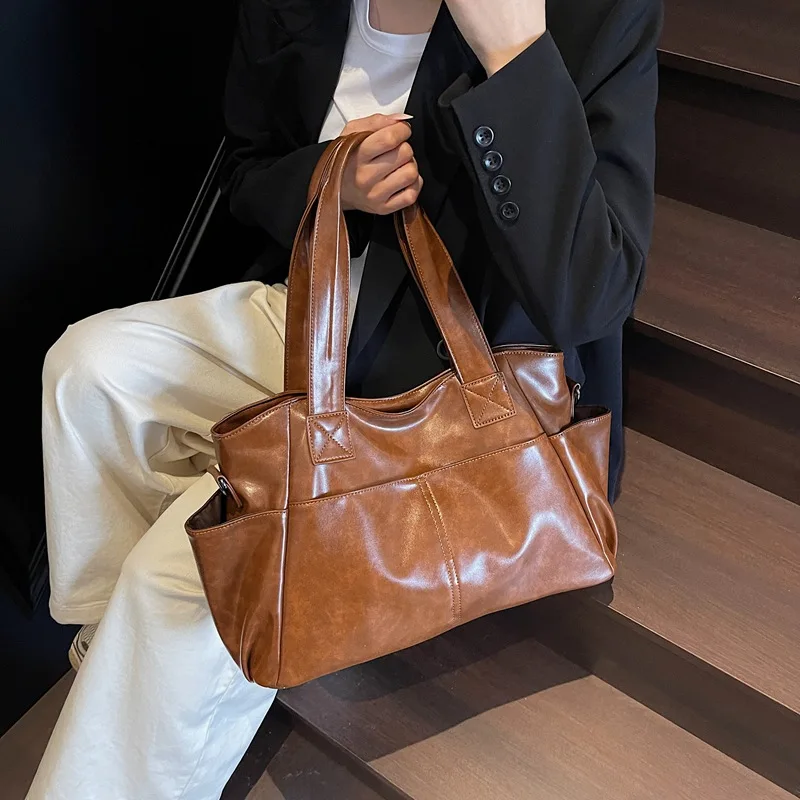 Women Retro Soft PU Leather Large Tote Bag Multi Pocket Shoulder Handbag With Removable Crossbody Strap
