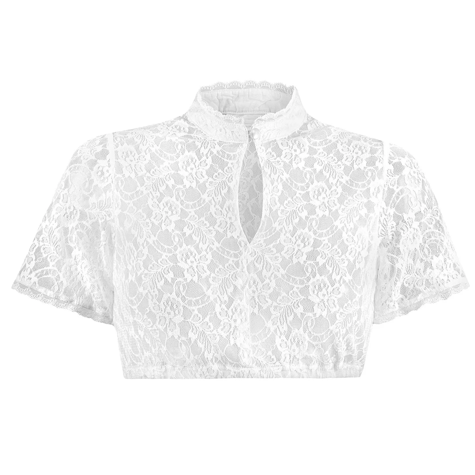 Transparent Lace Base Shirts For Women Round Neck Hollow Out Short Sleeve Elegant Dirndl Blouse Solid Color Regular Small Shirt