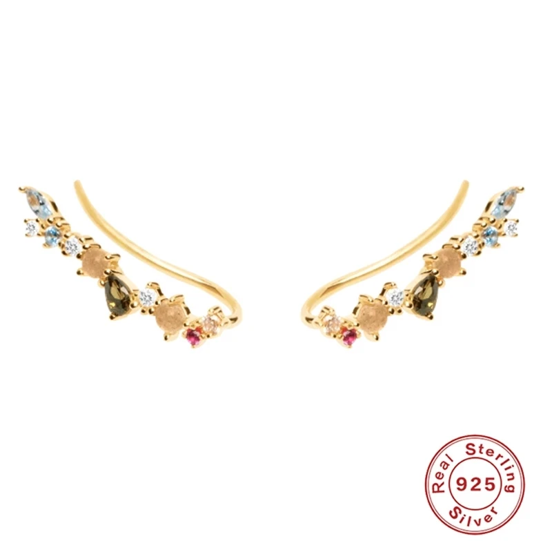 Aide Ohrstecker aus 925er-Sterlingsilber, Gold, Blume, Rattan, für Damen, bunter Regenbogen-Zirkon, Ohrkletterer-Ohrring, edler Schmuck