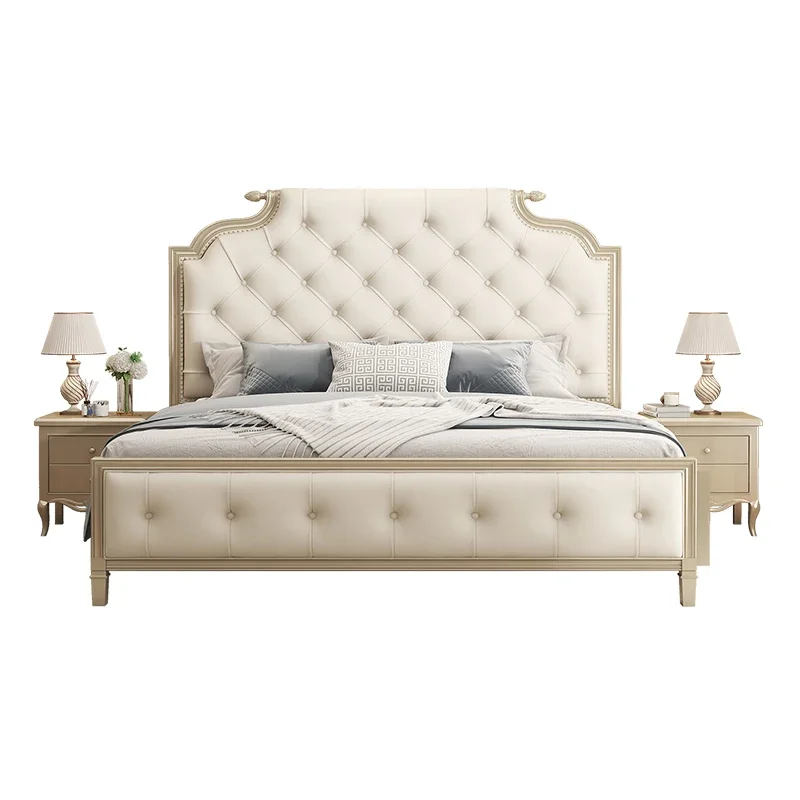 

French light luxury solid wood bed cream style modern simple master bedroom wedding bed horn bed American princess
