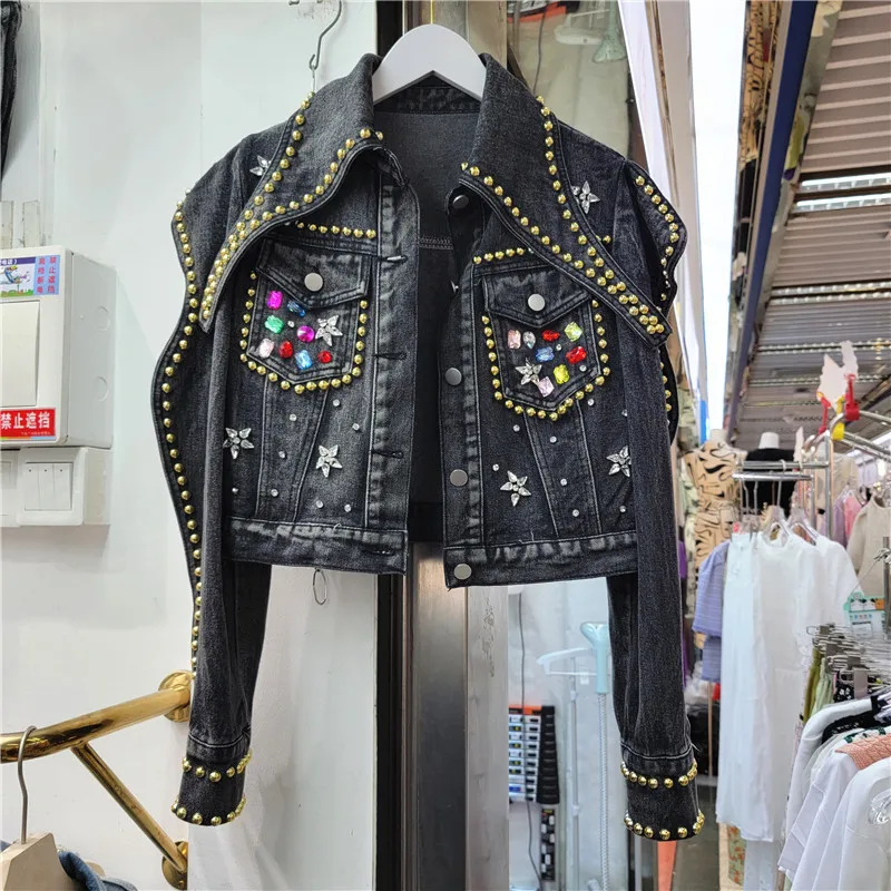 

Vintage Washed Black Denim Jacket Short Coat Spring Fashion Beaded Diamond Casual Turndown Collar Long Sleeve Blue Jeans Jacket