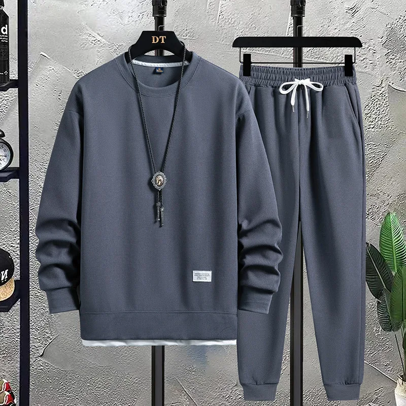 

Men's round neck new Waffle suit casual handsome sports long sleeved long pants two-piece set
