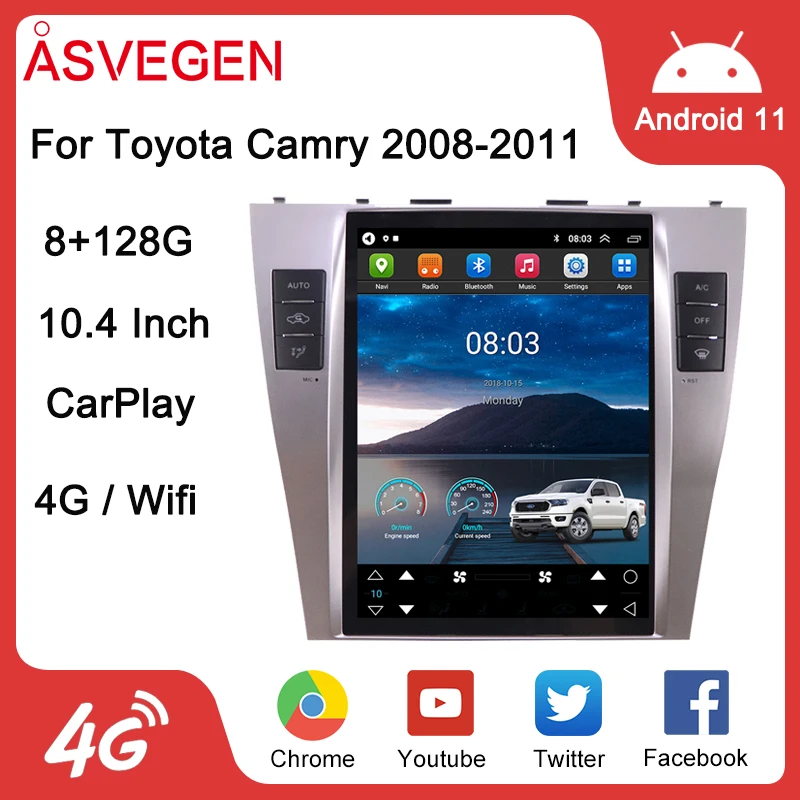 10.4” Android 11 Car Multimedia Player For Toyota Camry 2008-2011 Audio Radio GPS Navigation Wifi Bluetooth Tesla Stereo Screen