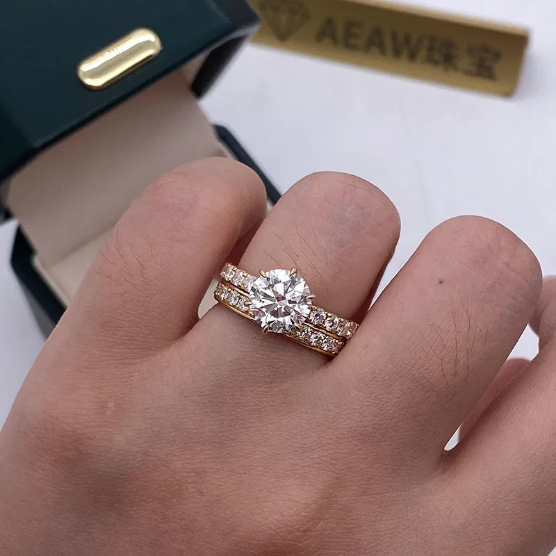 IGI 2CT EF/VS Round Ring and 2mm Band Lab Grown Diamonds Set Rings for Women Soild 14K Yellow Gold Ring For Engagement Gifts