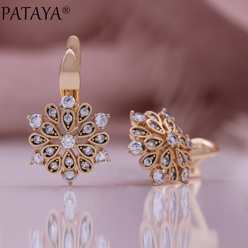 PATAYA New 585 Rose Gold Color Stud Earrings Fashion Crystal Flower Natural Zircon Earrings for Women Elegant Vintage Jewelry