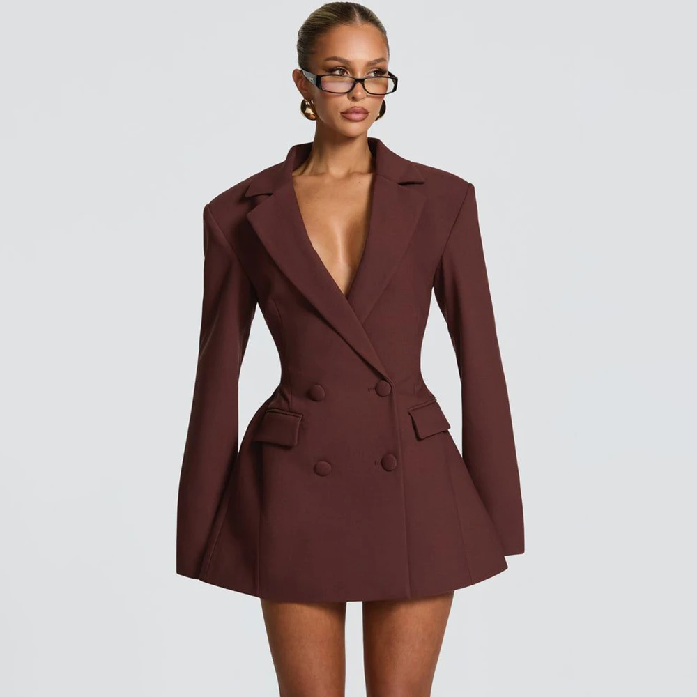 Elegant Women's Brown Flared Blazer Dress Double Breasted Notched Lapel Formal Evening Party Wear Chic 1 Piece Jacket Set