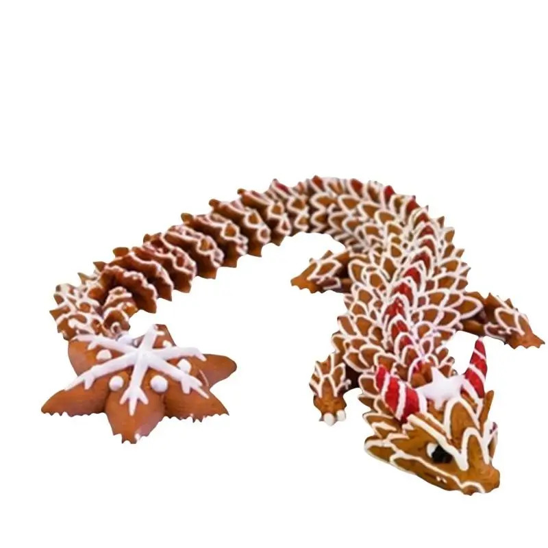 Hot 3D Printed Multi-Joint Moveable Gingerbread Dragon Ornament Imitation Cookie Material Stress Relief Holiday Christmas Gift