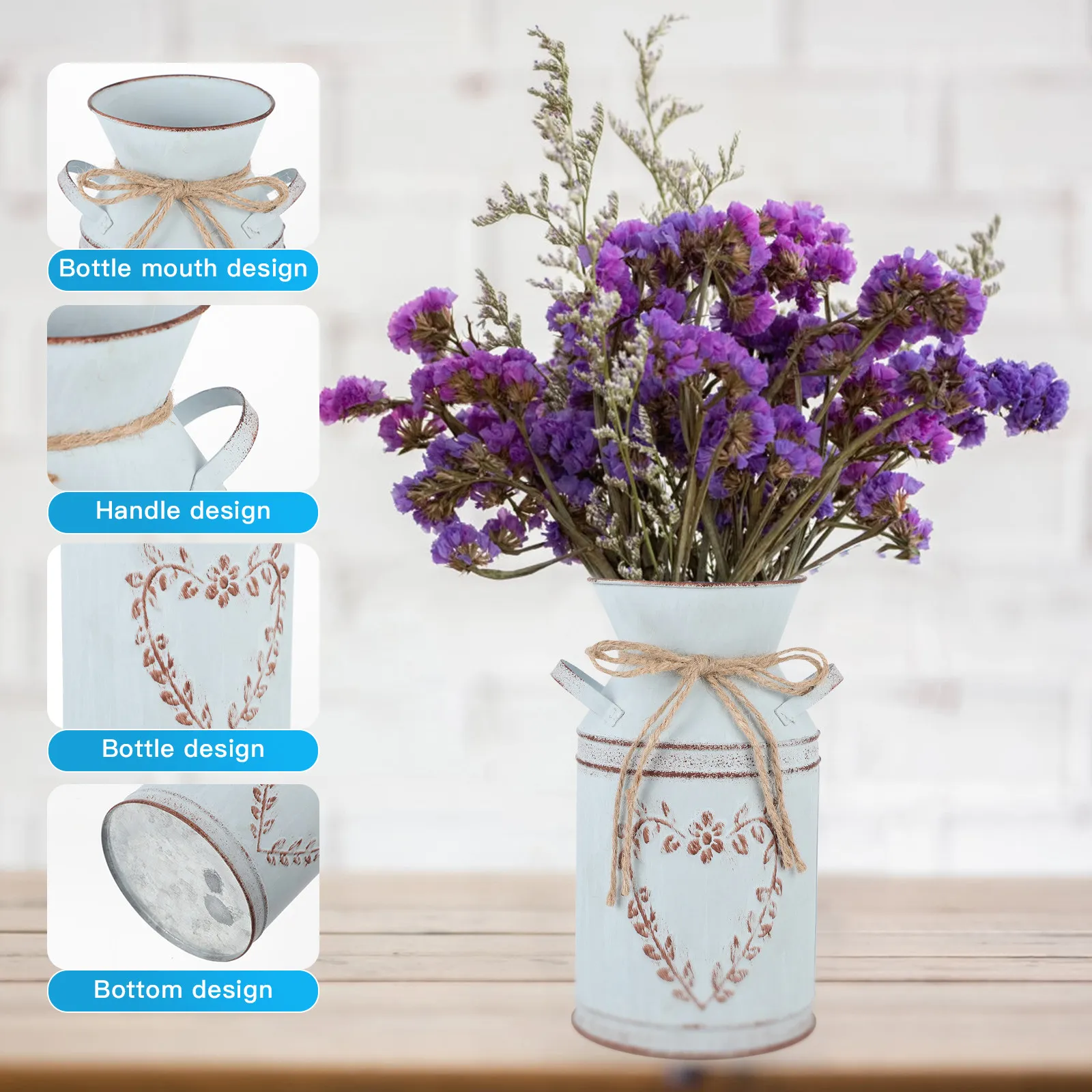 Heart Shape Pot Iron Flower Bucket Big Mouth Handles Hemp Rope Durable Retro Flower Vase Planter Home Decoration Gift Family