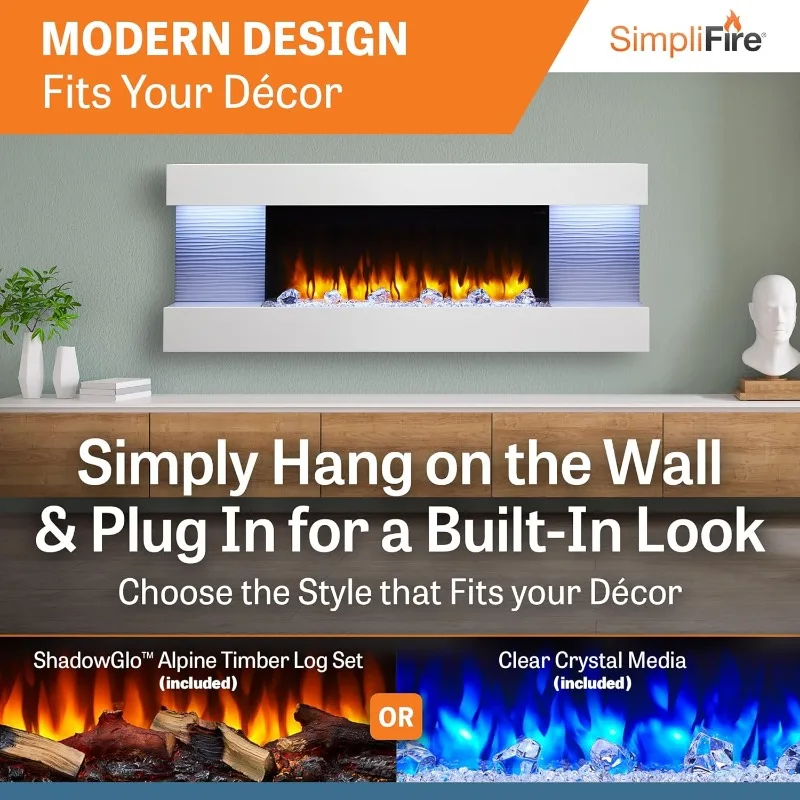 SimpliFire Format 36-Inch Wall Mount Electric Fireplace with 60-Inch Floating Mantel (SF-FORMAT36-SF-FM60-WH)