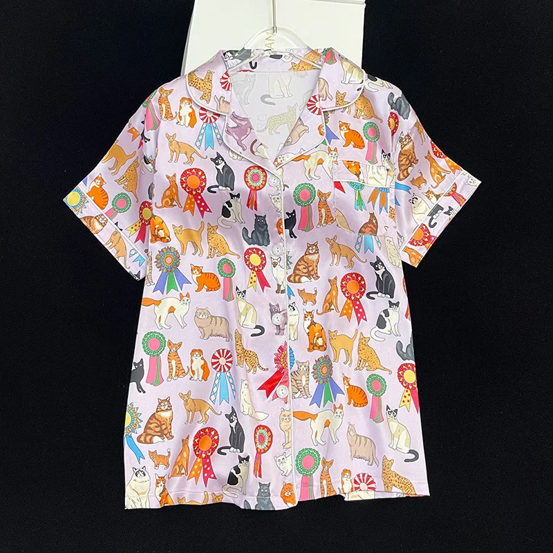 Animal Graffiti Printed Pajamas Cartoon Girl Short Sleeve Female Spring and Summer New Cute Home Clothes Pink Lapel Satin Silk