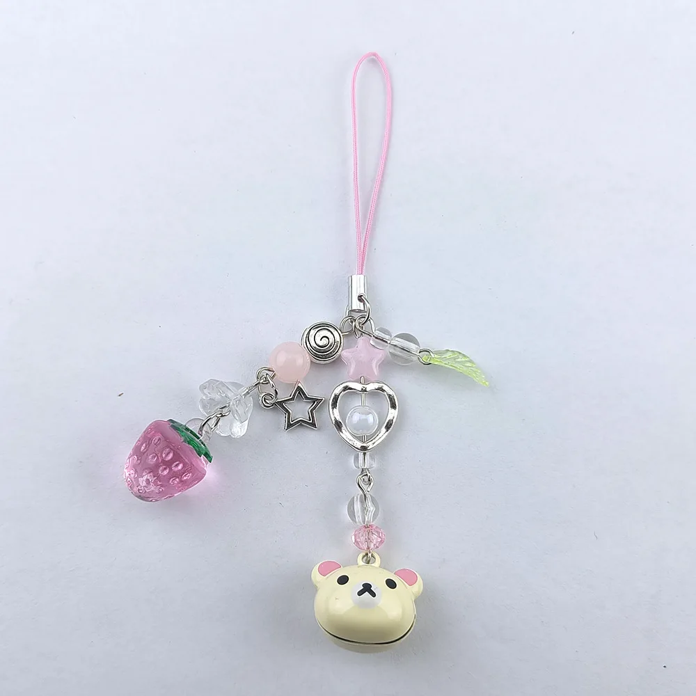 keychain amber Small Bell Bear Pendant Phone Charms Y2K Fairy Core Strawberry Rilakkuma Beaded Keychain Bag Accessories for Girl