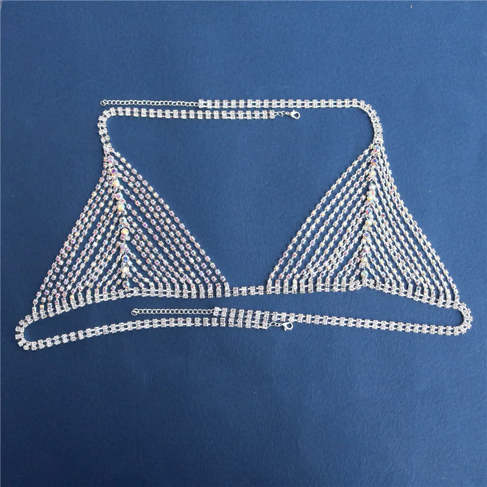 Conjunto de cadena de cuerpo Sexy, Bikini de perspectiva, sujetador con flecos de diamantes de imitación, ropa interior, accesorios de actuación para club nocturno, nuevo
