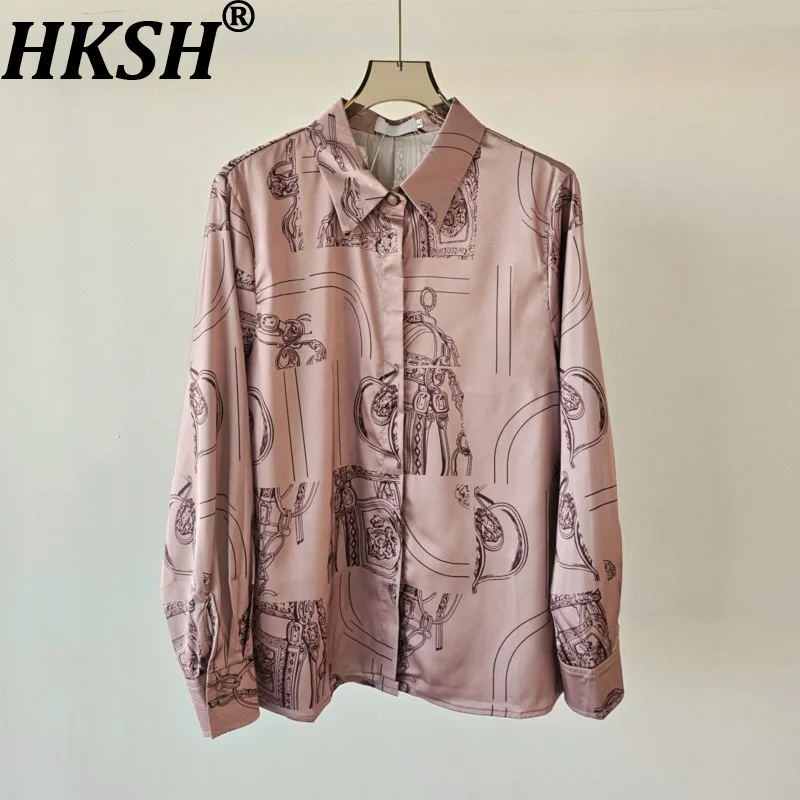 

HKSH 2026 Spring New Women Shirt Printed Satin Long Sleeves Single Breasted Light Luxury Blouse Elegant High-end Ins Top HK18576