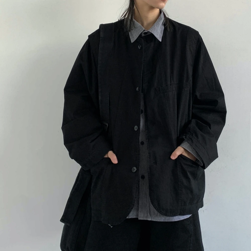 Spring Unisex Collarless Utility Jacket Men Women Japanese Streetwear Vintage College Style Workwear Coat Black Trendy Fashion