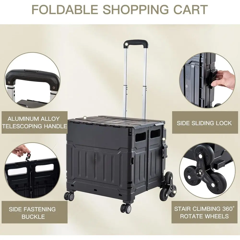 Opvouwbare winkelwagen met 8 wielen, telescopisch handvat en trapklimwielen - Opvouwbare gereedschapskrat