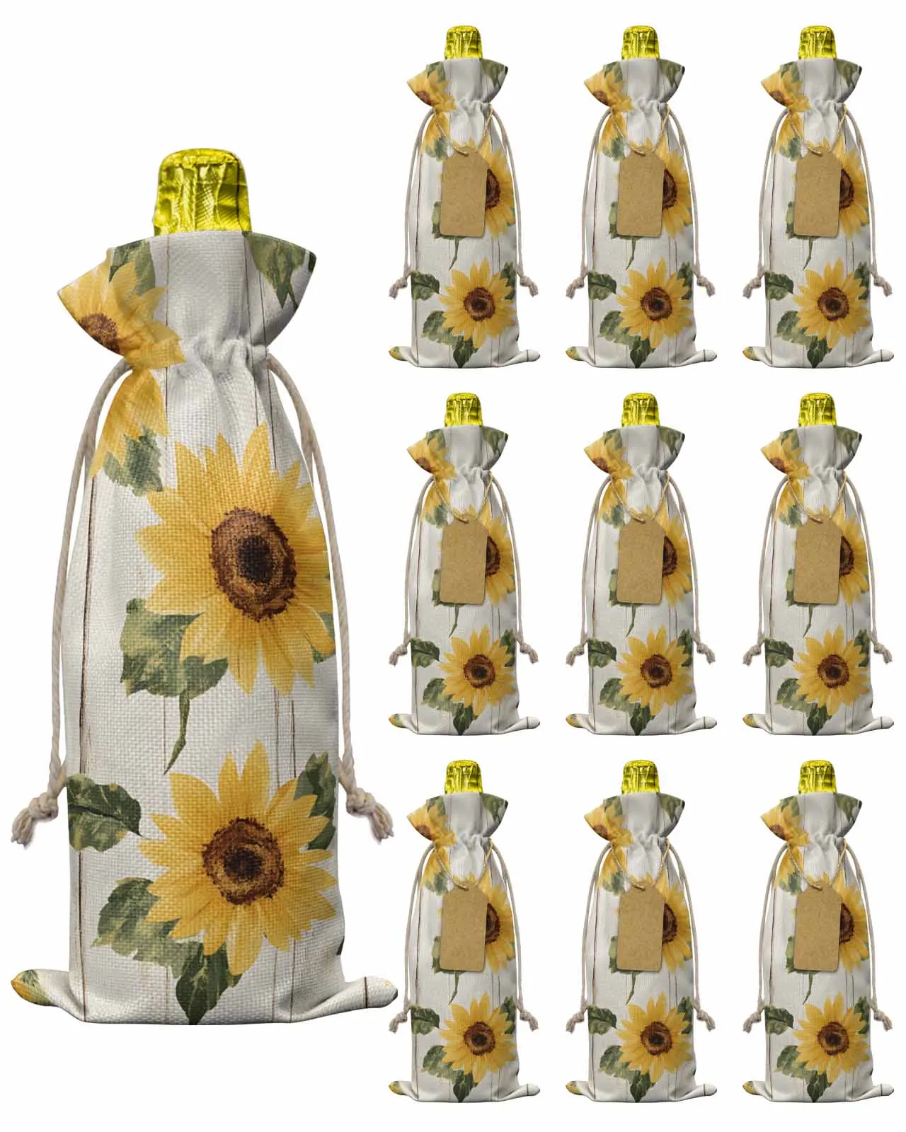 

10pcs Wine Bottle Covers Vintage Summer Wood Sunflower Wine Holder Carrier Packaging Bag Wedding Party Decor Gift