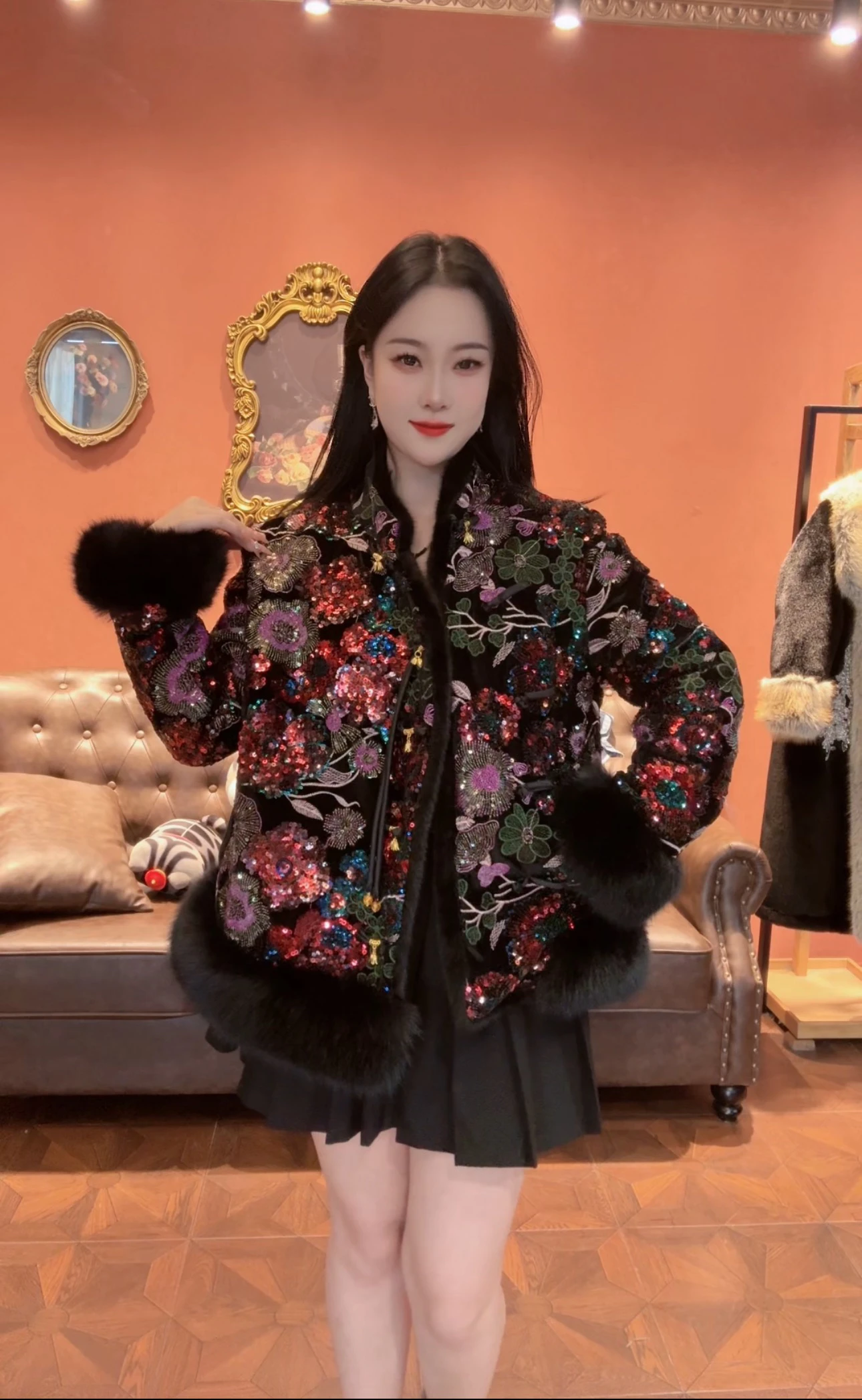 Winter Heavy Industry Sequined Floral National Style Pendant Retro Faux Fur Chinese Style Faux Fur Coat Women