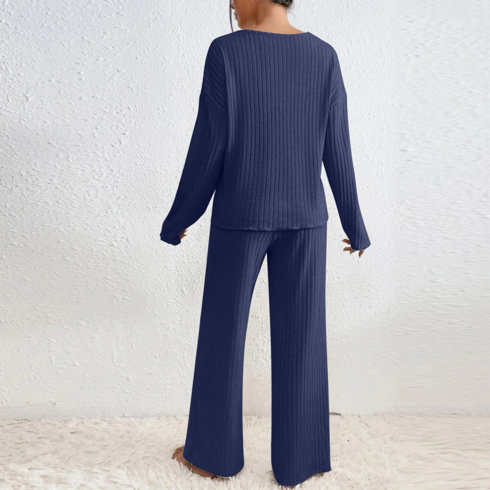 Damen Geripptes Strick-Zweiteiler-Set V-Ausschnitt Langarm-Oberteil Weite Hose Herbst Locker Lässige Loungewear Eleganter Hausanzug – Detail 18