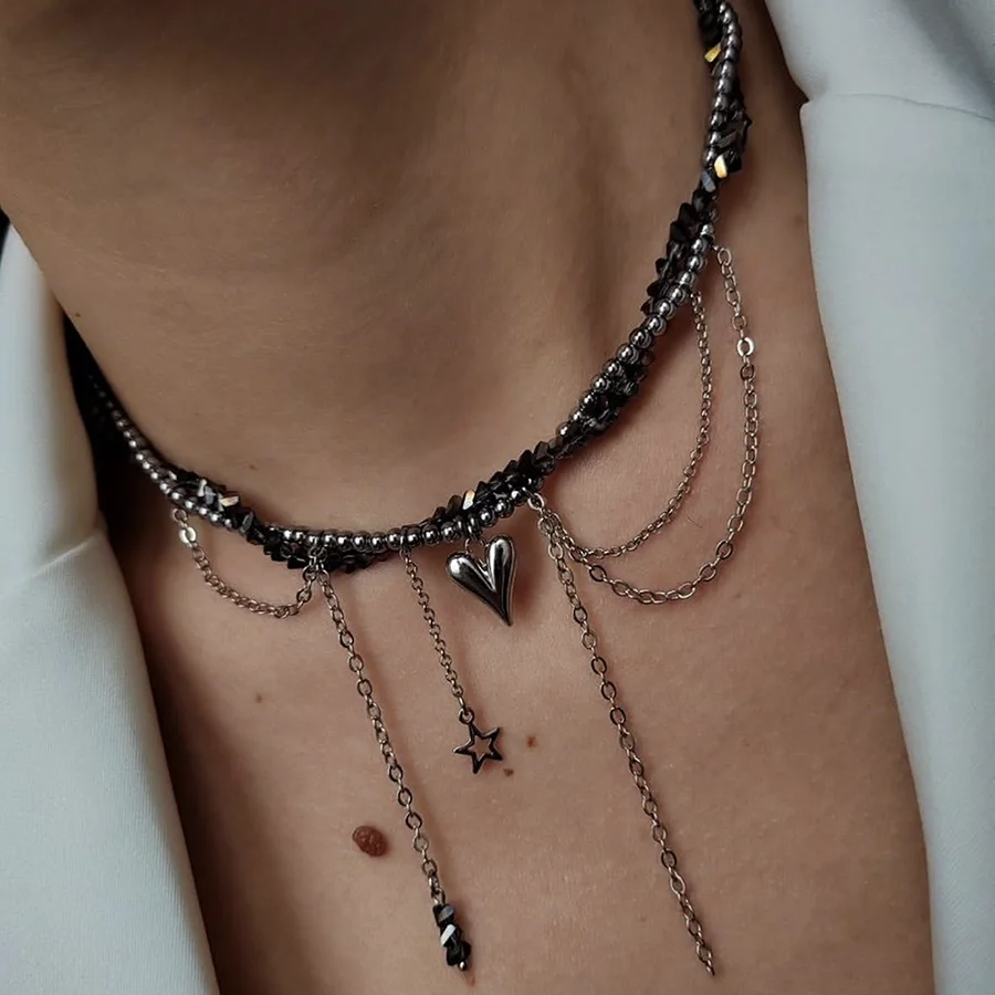 Fashion Vintage Black Geometric Crystal Chain Silver Color Heart Tassel Pendant Necklace for Women Valentine's Gift X0358