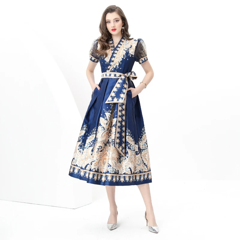 

Summer Fall Vintage Thick Satin Vacation Wrap Long Dresses Women's V-Neck Puff Sleeve Sashes Lace-up Printed Dress