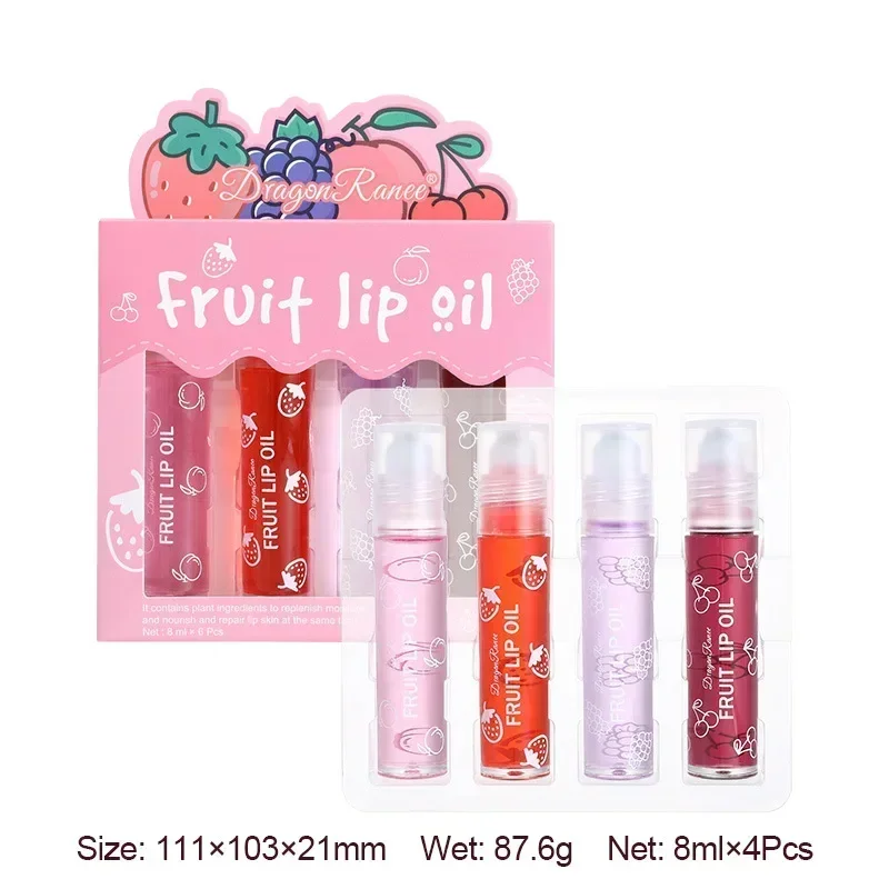 Lip Oil Roller Bead Moisturizing Fruit Liquid Lip Gloss for Makeup 4Pcs Box Portable Hydrating Nourishing Daily Use
